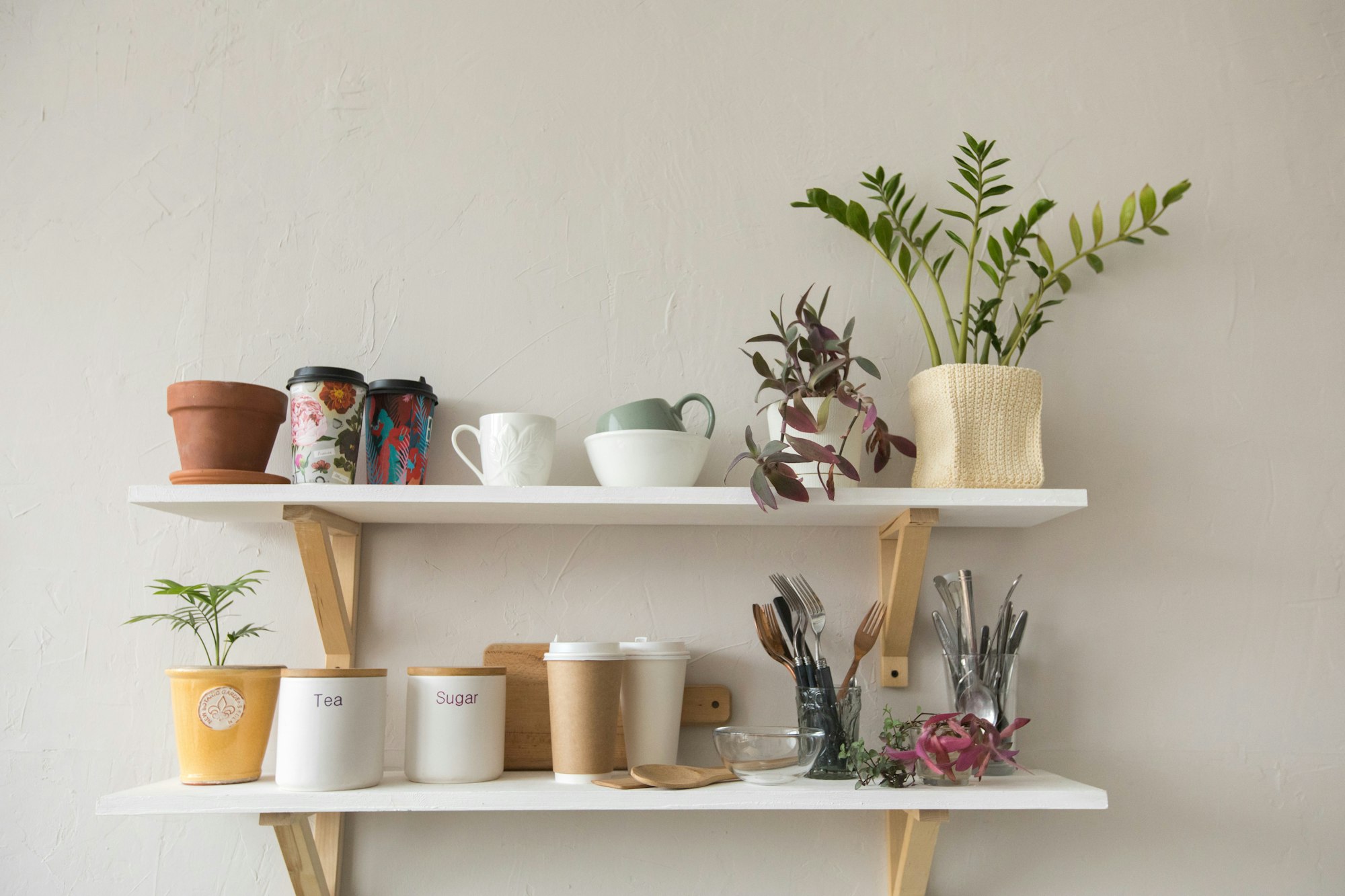 Pots and dishware on shelves
