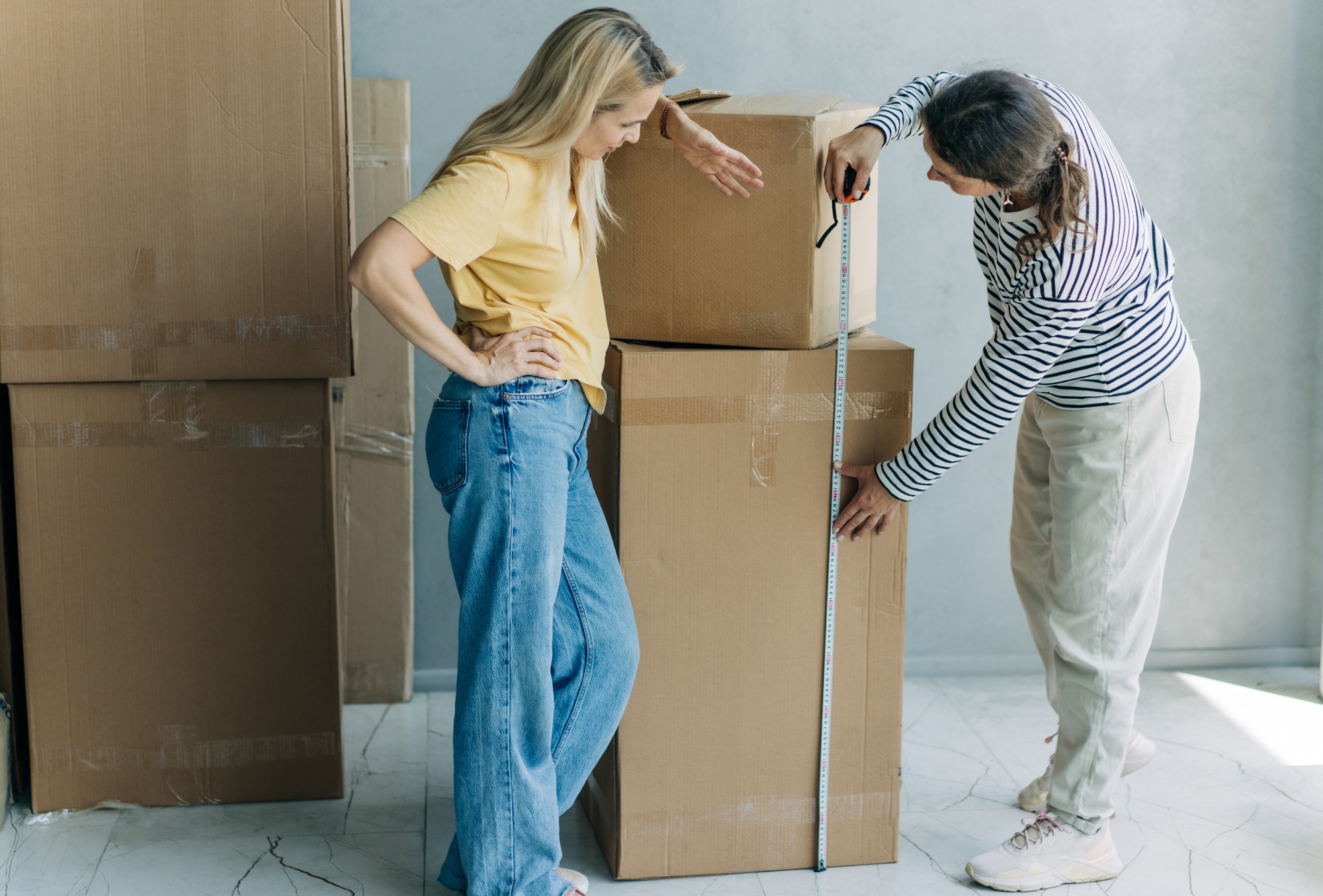 Two women pack their belongings and furniture for moving.