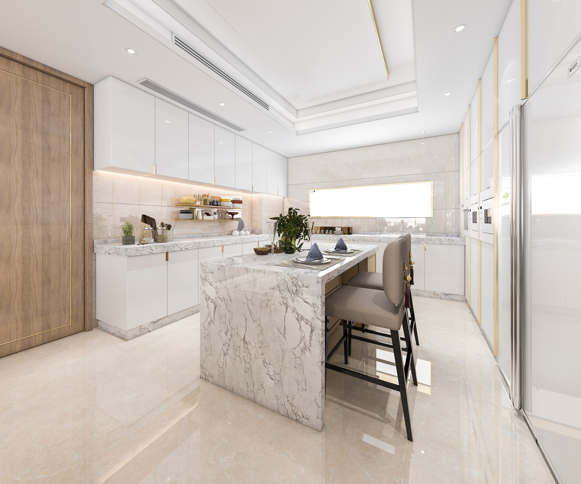 3d rendering white minimal kitchen with luxury decoration